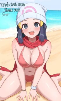 1girl :d alternate_breast_size_(larger) beach beanie bikini black_hair blue_sky breasts cleavage cloud commentary_request commission dawn_(pokemon) day grey_eyes halterneck hat highres large_breasts looking_at_viewer nintendo ocean open_mouth outdoors pink_bikini pokemon pokemon_dppt red_scarf sand scarf sitting skeb_commission sky smile solo string_bikini surippa1010 swimsuit wariza white_hat