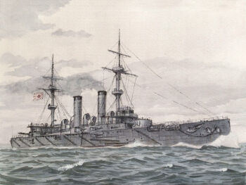 Rule 34 | asama (armored cruiser), atelier bono, cannon, cloud, cloudy sky, commentary request, cruiser, flag, highres, imperial japanese navy, mast, military vehicle, no humans, ocean, original, painting (medium), sailing, ship, ship turret, sky, smokestack, traditional media, vehicle focus, warship, watercolor (medium), watercraft, waves