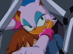 00s 1boy 1girl 2003 animal_ears animal_nose animated anime_screenshot armor audible_speech bare_shoulders bat_(animal) bat_ears bat_girl bat_wings blue_eyeshadow breastplate breasts chris_thorndyke crushing elbow_gloves english_audio eyeliner eyeshadow furry furry_female gloves large_breasts large_ears makeup mecha mechanical_arms medium_hair red_shirt robot rouge_the_bat sega shirt short_hair sky solo sonic_(series) sonic_x sound squeezing sweatdrop tagme tan video white_fur white_gloves wings