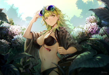 1girl adjusting_eyewear agotaku alternate_costume bag bikini black_bikini breasts chinese_commentary cleavage closed_mouth commentary_request female_byleth_(awakened)_(fire_emblem) female_byleth_(fire_emblem) fire_emblem fire_emblem:_three_houses flower frown green_eyes green_hair highres large_breasts leaf medium_hair navel nintendo official_alternate_eye_color official_alternate_hair_color outdoors serious shoulder_bag solo standing stomach sunglasses swimsuit