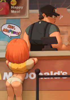 1boy 1girl ? absurdres ass baseball_cap black_headwear cash_register cashier clothes_lift commentary daughter_(yoru_mac) english_commentary english_text fat fat_man from_behind glasses hat highres indoors kevabwtf lifting_own_clothes loli mcdonald's no_pants orange_hair panties shirt shirt_lift short_hair short_sleeves speech_bubble ugly_bastard underwear wedgie white_panties white_sleeves yellow_shirt yoru_mac
