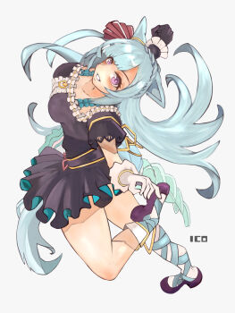 1girl animal_ears asymmetrical_footwear asymmetrical_gloves asymmetrical_sleeves black_dress black_gloves blue_hair blush bow braid breasts center_frills collarbone commentary_request crown_braid dress ear_ornament ear_ribbon frills gloves highres horse_ears horse_girl horse_tail iko_(saikoro_k0702) long_hair looking_at_viewer medium_breasts mejiro_ardan_(clinochlore_line)_(umamusume) mejiro_ardan_(umamusume) mismatched_gloves off-shoulder_dress off_shoulder purple_eyes simple_background smile solo tail umamusume uneven_sleeves white_background white_gloves