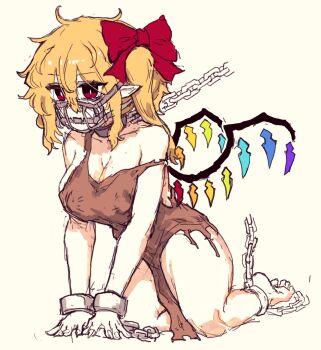 Rule 34 | 1girl, barefoot, blonde hair, bow, breasts, chain, cleavage, collar, collarbone, crystal, crystal wings, cuffs, flandre scarlet, hair bow, highres, large breasts, messy hair, multicolored wings, muzzle (mask), one side up, pointy ears, rags, rampa93, red bow, red eyes, shackles, simple background, solo, thighs, toes, touhou, wings, yellow background