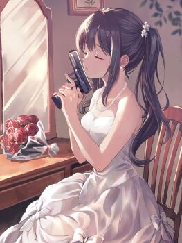 1girl black_hair bouquet bow chair closed_eyes commission dress earrings flower from_side gun handgun highres indoors jewelry mirror naname_(danbooru_maker) necklace original pearl_earrings pearl_necklace red_flower red_rose rose sitting skeb_commission solo strapless strapless_dress table trigger_discipline twintails vanity_table weapon wedding_dress white_bow