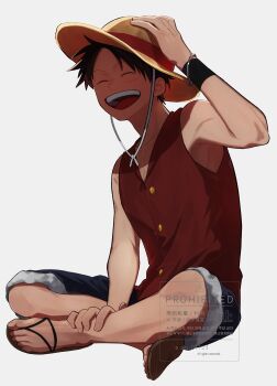 1boy absurdres aki_01123 bare_shoulders black_hair blue_shorts buttons closed_eyes commentary_request facial_scar full_body fur-trimmed_shorts fur_trim grey_background hand_on_headwear hat highres indian_style male_focus monkey_d._luffy one_piece open_mouth red_vest sandals scar scar_on_cheek scar_on_face short_hair shorts sitting smile solo straw_hat teeth upper_teeth_only vest wristband