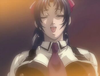 00s 1girl 2002 animated animated_gif bible_black bible_black_gaiden bouncing_breasts bow bowtie breasts drill_hair hair_bow implied_cunnilingus kozono_nami large_breasts long_hair open_mouth ponytail purple_hair school_uniform tagme