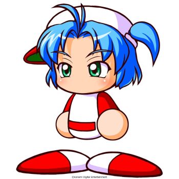 1girl artist_request baseball_cap baseball_uniform belt blue_hair copyright_notice green_eyes hat jikkyou_powerful_pro_yakyuu jikkyou_powerful_pro_yakyuu_(style) long_sleeves multicolored_shirt no_mouth official_art one_side_up power_pro_appli rayman_limbs red_belt red_shirt shirt short_hair solo sportswear tachibana_mizuki_(pawapro) white_shirt