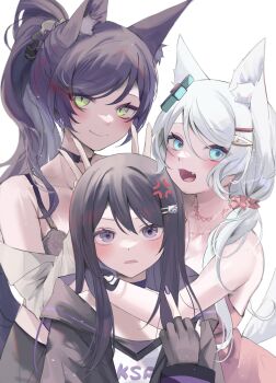 3girls anger_vein angry animal_ear_fluff animal_ears bare_shoulders black_bra black_choker black_gloves black_hair black_scrunchie black_skirt blue_eyes blush bra breasts cat_hair_ornament character_name choker cleavage closed_mouth clothes_writing d-pad d-pad_hair_ornament dress fang fingerless_gloves fingernails fox_ears fox_girl fox_tail gloves green_eyes grey_shirt hair_between_eyes hair_ornament hairclip heart heart_necklace height_difference highres hood hooded_jacket hug jacket jewelry ksp_(vtuber) large_breasts long_fingernails long_hair long_sleeves looking_at_viewer meridian_project middle_finger mizuki_(vtuber) multiple_girls nail_polish necklace off_shoulder official_alternate_costume open_clothes open_mouth open_shirt pink_dress pink_nails ponytail purple_eyes purple_hair purple_nails scrunchie seki_(vtuber) shirt skirt smile swept_bangs tail tokkieee_qian underwear v virtual_youtuber white_hair
