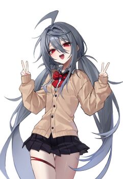 Rule 34 | 1girl, aco (aco 7313), ahoge, black skirt, black survival, brown cardigan, cardigan, collared shirt, commentary request, double v, eternal return: black survival, garnet (black survival), grey hair, highres, korean commentary, long hair, looking at viewer, low twintails, open mouth, red eyes, red ribbon, ribbon, school uniform, shirt, skirt, smug, solo, thigh strap, thighs, twintails, v, white background, white shirt