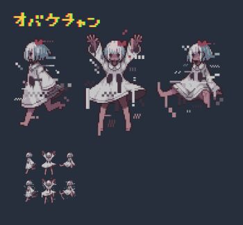 1girl arms_up blue_background bow dark-skinned_female dark_skin dress from_side ghost_girl glitch hair_bow legs_apart long_sleeves omunikin original pixel_art red_bow simple_background sitting solo sprite_sheet walking white_dress white_hair