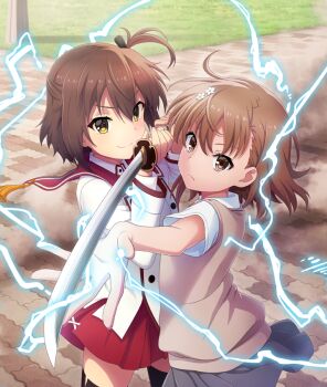 2girls black_ribbon brick_road brown_eyes brown_hair brown_vest buttons closed_mouth crossover day dot_nose double-breasted dust_cloud electricity electrokinesis etou_kanami flower game_cg grass grey_skirt hair_flower hair_ornament hair_ribbon hand_to_blade holding holding_sword holding_weapon katana long_sleeves looking_at_viewer minoseki_gakuin_uniform misaka_mikoto multiple_girls official_art one_side_up outdoors red_sailor_collar red_skirt ribbon sailor_collar school_uniform shirt short_hair short_sleeves skirt smile sword tassel teamwork third-party_source toaru_kagaku_no_railgun toaru_majutsu_no_index toji_no_miko toji_no_miko:_kizamishi_issen_no_tomoshibi tokiwadai_school_uniform tsuba_(guard) two-handed vest weapon white_flower white_shirt yellow_eyes