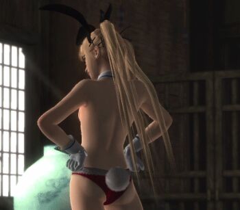 1girl 3d animated animated_gif blonde_hair blue_eyes breasts dead_or_alive detached_collar fake_ears female_focus glasses gloves hands_on_own_hips indoors lowres marie_rose navel nipples rabbit_tail small_breasts solo standing tail tecmo topless_female twintails window