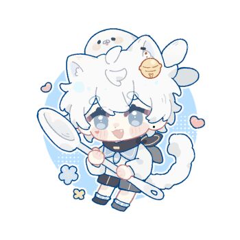 1boy :d animal_ear_fluff animal_ears bai_li_xuan bell black_neckerchief black_shorts blue_eyes blush_stickers cat_boy cat_ears cat_tail chibi chibi_only double-parted_bangs fang full_body hair_bell hair_ornament heart holding holding_spoon long_sleeves male_focus neckerchief open_mouth original outline oversized_object seal_(animal) shirt short_hair shorts smile solo spoon standing tail thick_eyebrows white_hair white_outline white_shirt