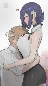 1boy 1girl artist_name azz0422 black_choker black_ribbon black_shorts blonde_hair blue_hair breasts chainsaw_man choker denji_(chainsaw_man) face_to_breasts flower hair_bun hair_flower hair_ornament hand_on_another&#039;s_head heart hetero highres hug large_breasts necktie qr_code reze_(chainsaw_man) ribbon shirt short_hair shorts sleeveless sleeveless_shirt sleeves_rolled_up white_flower white_shirt