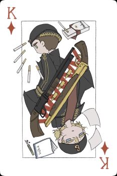 Rule 34 | 2boys, absurdres, animification, backwards hat, baseball cap, black coat, black hat, blonde hair, blue eyes, boxcutter, brown hair, bullet, card, chinese commentary, coat, colored eyelashes, commentary request, cropped torso, deformed, diamond (shape), double vertical stripe, dylan klebold, eric harris, flat color, from behind, gold trim, green eyes, gun, hair behind ear, hand in pocket, hat, highres, jitome, long sleeves, male focus, matches, multiple boys, no mouth, no nose, no pupils, open clothes, open coat, paper, parted lips, playing card, profile, real life, red shirt, shirt, short hair, shotgun, simple background, tangguaqiezi, very short hair, weapon, white background