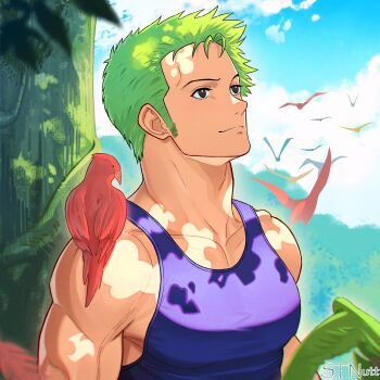 1boy animal animal_on_shoulder artist_name bare_shoulders bird bird_on_shoulder blue_sky blue_tank_top closed_mouth cloud cloudy_sky collarbone green_hair highres looking_up male_focus official_alternate_costume one_piece outdoors pectorals red_bird roronoa_zoro short_hair sky solo stnutt tank_top tree under_tree upper_body