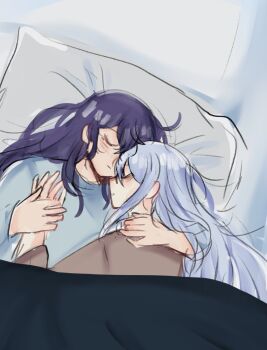 2girls asahina_mafuyu blue_hair blue_sweater bluhkiel brown_sweater closed_eyes closed_mouth commentary cuddling english_commentary highres holding_hands long_hair multiple_girls pillow project_sekai purple_hair sweater under_covers yoisaki_kanade yuri