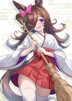 Rule 34 | 1girl, absurdres, alternate costume, animal ears, blush, bow, broom, brown hair, brown tail, commentary request, ear bow, hair over one eye, hakama, hakama short skirt, hakama skirt, highres, holding, holding broom, horse ears, horse girl, horse tail, japanese clothes, kimono, long hair, looking at viewer, maimuu, miko, open mouth, pink bow, purple eyes, red hakama, rice shower (umamusume), skindentation, skirt, smile, solo, tail, thighhighs, umamusume, white kimono, white thighhighs, wide sleeves, zettai ryouiki
