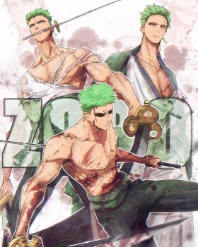 1boy absurdres black_pants blood blood_on_body blood_splatter character_name earrings green_hair haramaki highres holding holding_sword holding_weapon japanese_clothes jewelry kimono male_focus multiple_views one_eye_closed one_piece pants roronoa_zoro scar scar_across_eye scar_on_face short_hair stephengiannart sword topless_male torn_clothes weapon weapon_in_mouth