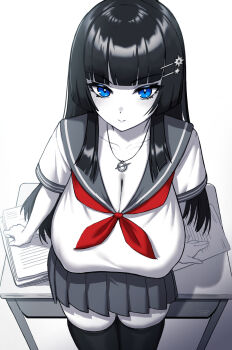 1girl black_hair black_thighhighs blue_eyes breasts cleavage closed_mouth desk hair_ornament highres hime_cut improv1sed_(vtuber) indie_virtual_youtuber jewelry large_breasts long_hair neckerchief necklace paper_stack partially_colored pleated_skirt psidubs red_neckerchief sailor_collar school_uniform serafuku shadow skirt solo thighhighs virtual_youtuber