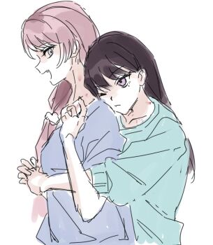 2girls bang_dream! bang_dream!_it&#039;s_mygo!!!!! bite_mark bite_mark_on_shoulder blue_sweater brown_hair chihaya_anon closed_mouth fang grey_eyes hickey hug hug_from_behind long_hair multiple_girls one_eye_closed open_mouth pink_hair purple_eyes purple_shirt rinya_(8571109) shiina_taki shirt simple_background smile sweater white_background yuri