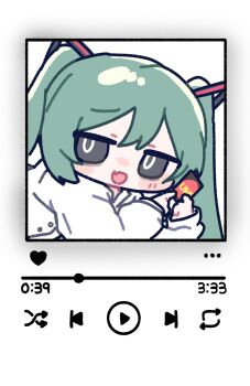1girl 39 blush chibi chibi_only collared_shirt double-parted_bangs fang green_hair hair_ornament hashtag-only_commentary hatsune_miku heart highres long_hair long_sleeves looking_at_viewer media_player_interface mimukauwa_nice_try_(vocaloid) miratsu_(miratsu169) open_mouth oversized_clothes oversized_shirt shirt skin_fang solo twintails uno_(game) vocaloid white_shirt