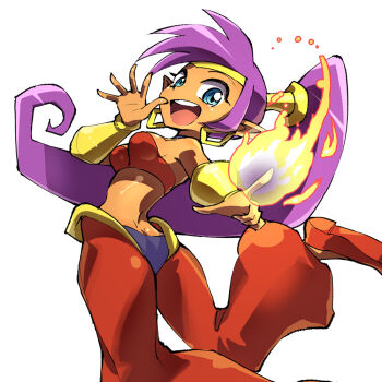 1girl ass bandeau bare_shoulders blue_eyes breasts butt_crack circlet commentary_request dark-skinned_female dark_skin eyelashes fire gold_bracer gold_circlet gomomo00 harem_pants long_hair midriff open_mouth pants ponytail purple_hair pyrokinesis red_bandeau red_pants red_shoes shantae shantae_(series) shiny_skin shoes simple_background smile solo teeth upper_teeth_only white_background