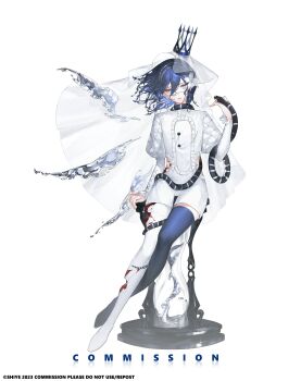 1girl absurdres animal artist_name black_snake blue_eyes blue_hair broken broken_leg chair closed_mouth commission crown earrings flower hair_between_eyes hair_flower hair_ornament highres jewelry liquid liquid_hair long_sleeves looking_at_viewer original puffy_sleeves sample_watermark serious shi_ye simple_background sitting snake solo water water_drop watermark white_background white_flower