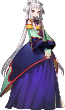1girl bare_shoulders blunt_bangs child chinese_clothes closed_mouth code_geass code_geass:_genesic_re;code dress dutch_angle full_body hair_tubes hands_up holding_own_wrist legs_together long_hair long_sleeves looking_at_viewer multicolored_dress nervous official_art orange_eyes raised_eyebrows shaka_sign sidelocks simple_background sitting solo tianzi transparent_background two_side_up very_long_hair white_hair