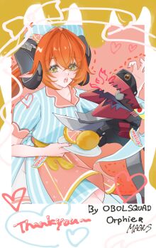 1girl 1other alternate_costume apron ashimi_fugo black_horns blue_dress blue_headdress blush border character_name commentary_request cowboy_shot curled_horns cutting dotted_line dragon_girl dragon_horns dress english_text fire food fruit green_eyes gun hair_between_eyes hair_intakes heart highres holding holding_plate horns knife long_hair looking_to_the_side magus_(zenless_zone_zero) maid maid_apron mechanical_horns mechanical_tail nail_polish open_mouth orange_hair orange_pupils orphie_magnusson pink_apron pink_background plate pointy_ears striped_clothes striped_dress striped_headwear tail twintails weapon white_border zenless_zone_zero