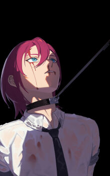 1boy 8083_blue black_background black_necktie blood blood_from_forehead blood_on_clothes blue_eyes collar collared_shirt ensemble_stars! hair_between_eyes highres injury leash leash_pull necktie nosebleed parted_lips pink_hair saegusa_ibara shirt short_hair simple_background solo upper_body wet wet_clothes wet_shirt white_shirt