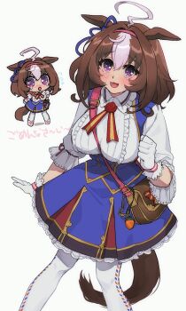 1girl ahoge animal_ears between_breasts blue_skirt blush bow breasts brown_hair center_frills chibi collared_shirt commentary_request double-parted_bangs ear_ribbon empty_(neyo) feet_out_of_frame flying_sweatdrops frills gloves hair_between_eyes hairband highres horse_ears horse_girl horse_tail large_breasts long_sleeves looking_at_viewer medium_hair meisho_doto_(umamusume) multicolored_hair open_mouth pantyhose pink_hairband purple_eyes shirt simple_background skirt smile solo standing strap_between_breasts tail tearing_up translation_request two-tone_hair umamusume white_background white_gloves white_pantyhose white_shirt