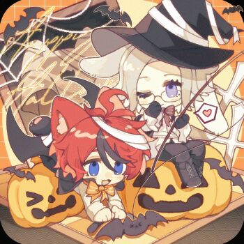 2boys ;) ahoge alternate_costume animal_ear_fluff animal_ears aotsuki_eito bat_(animal) bat_wings black_boots black_gloves black_hair black_hat black_pants black_wings blue_eyes boots bow bowtie cat_ears chibi chibi_only chun_yan closed_mouth commentary english_text eyelashes film_grain glasses gloves hair_between_eyes halloween happy_halloween hat heart highres jack-o&#039;-lantern knee_boots lace-up_boots long_sleeves lop_rabbit_ears male_focus multicolored_hair multiple_boys one_eye_closed open_mouth orange_bow orange_bowtie pants rabbit_ears red_hair shirt short_hair silk sitting smile speech_bubble spider_web spoken_heart streaked_hair sumino_takumi symbol-only_commentary tareme the_hundred_line_-last_defense_academy- two-tone_hair white_hair white_shirt wings witch_hat