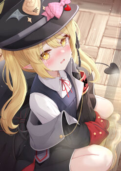 1girl absurdres black_hat black_jacket black_ribbon black_tail black_wings blonde_hair blue_archive blue_dress blush bow bright_pupils collared_shirt commentary_request crying crying_with_eyes_open demon_girl demon_tail demon_wings dress flasher_(flasher_ura) furrowed_brow hair_ribbon hat hat_bow heart highres huge_filesize ibuki_(blue_archive) jacket loli long_hair long_sleeves looking_at_viewer low_wings neck_ribbon on_floor open_mouth oversized_clothes peaked_cap pee peed_self pinafore_dress pink_bow pointy_ears red_ribbon ribbon shirt sidelocks sitting sleeveless sleeveless_dress sleeves_past_fingers sleeves_past_wrists solo tail tears twintails wariza white_pupils white_shirt wings yellow_eyes