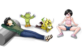 Rule 34 | 1boy, 1girl, absurdres, alraumon, closed eyes, digimon, green eyes, highres, looking at another, pulsemon, short shorts, shorts, spread legs