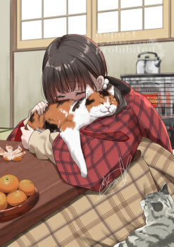 Rule 34 | 1girl, animal, animal hug, black hair, blush, calico (pattern), calico cat, commentary request, fingernails, food, fruit, hanten (clothes), heater, highres, kettle, kotatsu, mandarin orange, original, pom pom (clothes), signature, sitting, sleeping, slice of life, solo, soragane (banisinngurei), steam, table, watermark