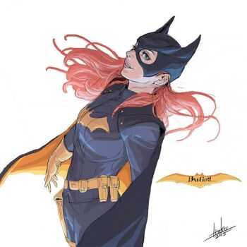 1girl 2015 animal_ear_headwear animal_ears barbara_gordon batgirl batman_(series) belt black_cape bodysuit breasts cape dc_comics eye_mask fake_animal_ears gloves grey_bodysuit ittoku_art long_hair mask medium_breasts orange_hair parted_lips signature smile solo superhero_costume two-sided_cape two-sided_fabric upper_body utility_belt white_background yellow_belt yellow_cape yellow_gloves