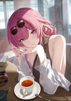 1girl absurdres alternate_costume art_study arus bare_shoulders blurry blurry_background breasts chinese_commentary closed_mouth commentary cup english_commentary eyewear_on_head fingernails glasses highres honkai:_star_rail honkai_(series) indoors kafka_(honkai:_star_rail) large_breasts long_hair looking_at_viewer mixed-language_commentary multilingual_commentary nail_polish photo-referenced pince-nez purple_eyes purple_hair purple_nails round_eyewear signature smile solo spoon sunglasses teacup