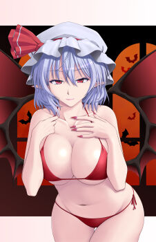 1girl aged_up alternate_breast_size_(larger) bat_(animal) bat_wings bikini black_wings blue_hair border bow breasts cleavage closed_mouth collarbone commentary_request eyelashes fingernails gluteal_fold groin hair_between_eyes hair_bow half-closed_eyes hands_on_own_chest hat hat_ribbon highres holding_strap huge_breasts leaning_forward letterboxed looking_at_viewer low_wings medium_hair mob_cap navel outside_border pointy_ears raised_eyebrows red_bikini red_bow red_eyes red_nails red_ribbon red_wings remilia_scarlet ribbon sharp_fingernails side-tie_bikini_bottom sidelocks smile solo spread_wings stomach straight-on swimsuit thick_thighs thigh_gap thighs touhou vampire vision_(gruene) white_border white_hat wings