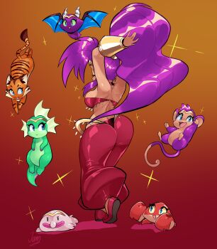 Rule 34 | 1girl, absurdres, animal, arabian clothes, arms up, ass, back, bandeau, bat (animal), big hair, blobfish, blue eyes, bracer, breasts, butt crack, cat, crab, crossover, dancer, dancing, dark-skinned female, dark skin, earrings, forehead jewel, from behind, gradient background, harem outfit, harem pants, high ponytail, highres, hoop earrings, jamoart, jewelry, long hair, medium breasts, monkey, newt, open mouth, panties, pants, pointy ears, ponytail, purple hair, red pants, shantae, shantae (series), smile, sparkle, tiara, tongue, tongue out, transformation, underwear, very long hair