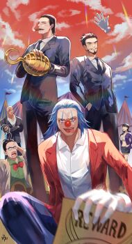 1girl 5boys absurdres alvida_(one_piece) beard black_jacket black_necktie black_pants blue_hair bow bowtie buggy_the_clown chinstrap_beard cigar clown_nose collared_shirt commentary commentary_request crocodile_(one_piece) daz_bones disembodied_hand dracule_mihawk english_commentary facial_hair galdino gloves goatee_stubble gradient_sky green_shirt hand_in_pocket highres hook_hand impossible_hair jacket midriff mixed-language_commentary multiple_boys mustache necktie ngumngim one_piece pants red_bow red_bowtie red_jacket red_sky scar scar_on_face shirt sitting sky stubble thai_commentary tongue tongue_out wanted_poster white_gloves white_shirt