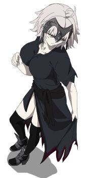 1girl absurdres ahoge black_dress black_thighhighs breasts closed_mouth dress echidna430 fate/grand_order fate_(series) grey_hair headpiece highres jeanne_d'arc_alter_(fate) large_breasts pale_skin shadow short_hair short_sleeves simple_background solo thighhighs white_background yellow_eyes