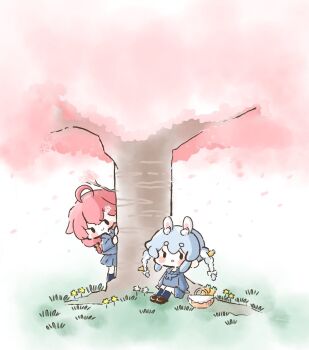 Rule 34 | 2girls, animal ear fluff, animal ears, ascot, basket, black shirt, black skirt, blue ascot, blue hair, blush stickers, braid, carrot, carrot hair ornament, cherry blossoms, chibi, chibi only, commentary request, dandelion, day, facing viewer, falling petals, flower, food-themed hair ornament, full body, grass, hair flower, hair ornament, highres, hololive, looking at another, multiple girls, outdoors, peeking out, petals, pink hair, rabbit ears, rabbit girl, saisasae, sakura miko, school uniform, shirt, sitting, skirt, standing, tree, twin braids, usada pekora, virtual youtuber