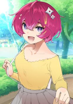 1girl :d blue_eyes breasts brown_skirt bush cleavage collarbone commentary_request goten_(510gensoku) highres indie_virtual_youtuber long_sleeves open_mouth outdoors pink_hair pink_pupils pleated_skirt polka_dot polka_dot_skirt second-party_source shirt short_hair skirt smile solo standing tongue tree unmoving_pattern virtual_youtuber yanenoura_shino yellow_shirt