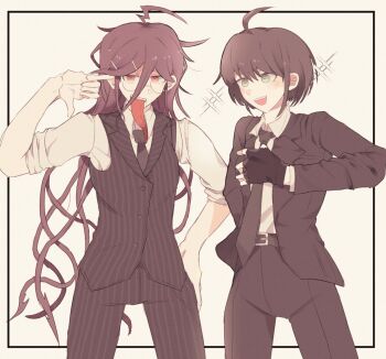 Rule 34 | 2girls, adjusting clothes, adjusting necktie, ahoge, alternate costume, belt, black belt, black gloves, black hair, black jacket, black necktie, black pants, black vest, blush, border, collared shirt, commentary request, danganronpa (series), danganronpa another episode: ultra despair girls, finger in ear, formal clothes, fukawa toko, full body, genocider shou, glasses, gloves, green eyes, hair between eyes, hair ornament, hairclip, jacket, lightning ahoge, long hair, long sleeves, long tongue, messy hair, mole, mole under mouth, multiple girls, naegi komaru, necktie, open clothes, open jacket, open mouth, pants, purple hair, red eyes, shirt, simple background, sleeves rolled up, smile, sparkle, striped clothes, striped pants, striped vest, suit, teeth, tongue, tongue out, upper teeth only, uru..., vertical-striped clothes, vertical-striped pants, vertical-striped vest, very long hair, vest, white background, white border, white shirt