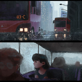 1girl 2others black_eyes black_hair black_shirt bob_cut bus city city_lights condensation day headlight_beam highres lamppost motor_vehicle multiple_others original painterly people rain road samuel_smith scenery shirt split_screen street upper_body window_fog zooming_in
