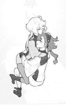 2girls 5kawa8gi asticassia_school_uniform boots closed_mouth commentary_request greyscale gundam gundam_suisei_no_majo hairband hand_on_another&#039;s_back hand_on_another&#039;s_head hand_on_another&#039;s_waist highres hug long_hair miorine_rembran monochrome multiple_girls pantyhose parted_lips ponytail school_uniform shorts smile suletta_mercury thick_eyebrows yuri