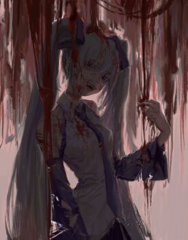 1girl bare_shoulders blood blood_drip blood_in_hair blood_on_clothes blood_on_hands blue_eyes blue_hair collared_shirt commentary cowboy_shot crazy detached_sleeves frilled_skirt frills grey_skirt grey_sleeves guro hair_between_eyes hair_ornament hatsune_miku highres long_hair looking_at_viewer open_mouth pink_background qunqing123 shirt skirt sleeveless sleeveless_shirt smile solo symbol-only_commentary teeth torn_clothes torn_sleeves twintails very_long_hair vocaloid white_shirt