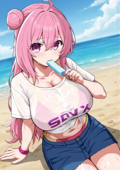 1girl absurdres ahoge arm_at_side beach bemani bikini bikini_under_clothes blue_shirt blue_sky breasts cleavage cloud collarbone cowboy_shot day denim denim_skirt dutch_angle eating food food_in_mouth genelic_tntn hair_between_eyes hair_bun hand_up highres holding holding_food holding_popsicle large_breasts light_blush long_hair looking_at_viewer midriff miniskirt navel ocean on_ground outdoors pink_bikini pink_eyes pink_hair popsicle popsicle_in_mouth print_shirt raised_inner_eyebrows rasis shirt short_sleeves side-tie_bikini_bottom single_side_bun sitting skirt sky solo sound_voltex string_bikini sweat swimsuit t-shirt text_print tied_shirt very_long_hair wet wet_clothes wet_shirt white_shirt wristband