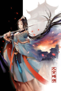 1girl architecture bangle black_background black_hair blade_to_throat blue_robe bracelet building chinese_clothes closed_eyes closed_mouth earrings east_asian_architecture expressionless falling_petals feet_out_of_frame floating_hair gold_trim hair_bun hanfu headpiece highres holding holding_sword holding_weapon imminent_suicide jewelry jian_(weapon) layered_sleeves light_particles long_hair long_sleeves low_ponytail parted_bangs petals ponytail red_sash robe sash solo split_screen standing suicide sunset sword tassel tianguan_cifu weapon white_background wide_sleeves xi_chu_yang_guan yushi_huang